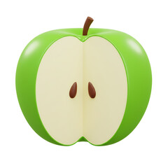 A green apple cut in half, revealing its seeds and core, isolated on a white background.
