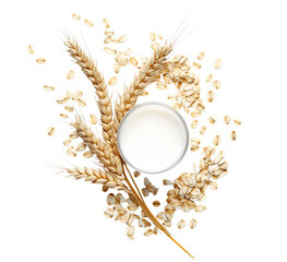 Top-Down View of Plant-Based Oat Milk with Wheat Stalks on Black Backdrop