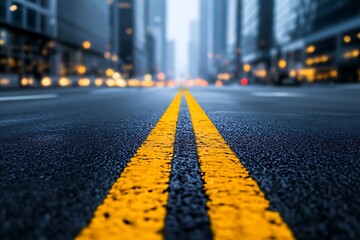 Asphalt road with double yellow lines leading to blurred city skyscrapers in distance