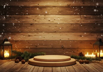 Rustic wooden background showcases lanterns and pinecones for a warm Christmas or winter themed display on wooden stand.