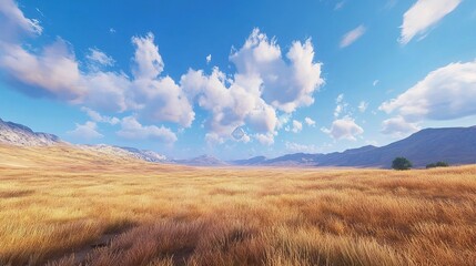 Vast golden grassland stretches under a vibrant blue sky