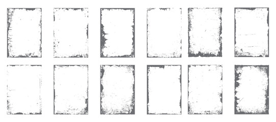 Grunge frame texture border vector pack. Distressed white edge overlay set with vintage rough design for retro background and worn photo effect art.
