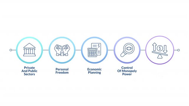 Mixed economy benefits linear timeline infographics animation. Government control, entrepreneurship. Economics planning, finance. Outline icons diagram animated 5 steps circles. HD video