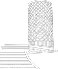Abstract Line Art Illustration of Nehru Centre, Mumbai, India. Iconic Cylindrical Building Architecture with Geometric Diamond Patterns. Perfect for Design, Travel, and Cultural Themes.