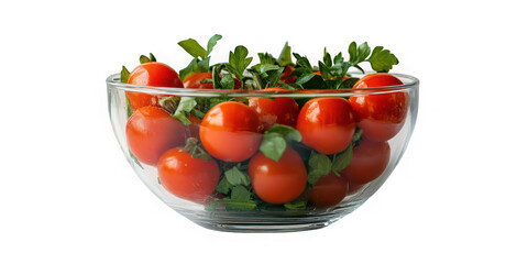 Fresh ripe cherry tomatoes and green herbs in a clear glass bowl isolated on transparent background