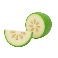 A sliced green fruit, likely a guava, with seeds visible in the cross-section.