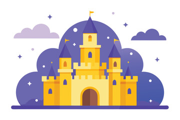 A majestic fairytale castle stands proudly under a twilight sky, surrounded by fluffy clouds and twinkling stars.