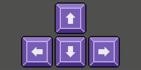 Pixel art keyboard arrow keys. Keyboard play keys vector icon for 8bit game on dark background 