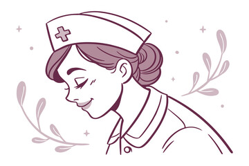 A gentle nurse with a kind smile and a classic cap adorned with a red cross surrounded by delicate floral elements and sparkles