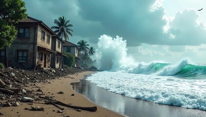 Devastating Tsunami Wave Crushing Coastal City Chaos, Destruction, and the Raw Power of Nature