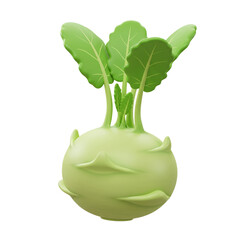 Light green kohlrabi vegetable with vibrant green leaves, isolated on white background.