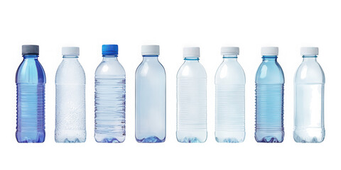 Collection of blue plastic water bottles with different textures and condensation isolated on transparent background