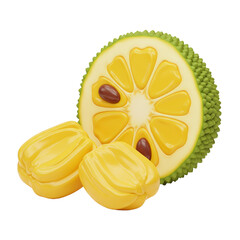 A halved jackfruit reveals its vibrant yellow arils and seeds, alongside two whole jackfruit arils.
