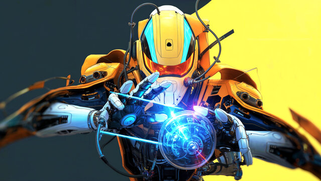 Futuristic robot with glowing blue orb and intricate mechanical details