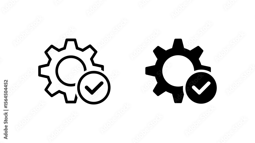 Poster settings gear with checkmark outline and solid vector icons - system done success