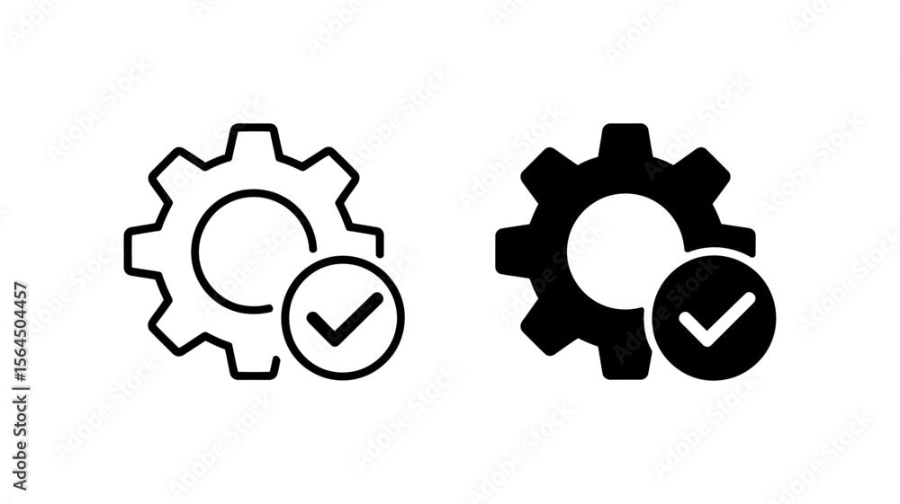 Poster settings gear with checkmark outline and solid vector icons - system done success