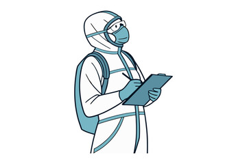 A person in a full hazmat suit with a respirator and goggles is diligently taking notes on a clipboard while looking upwards