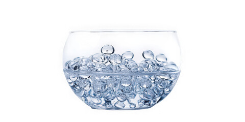 Close up of clear glass bowl filled with water and ice spheres isolated on transparent background