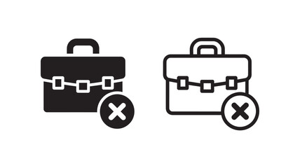 Vector Two icons of a briefcase with a red cross symbol indicating a problem or error. Outline and Solid Vector Icons