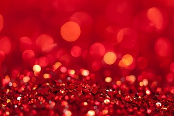 This image showcases a rich, textured background with a multitude of small, circular red glitter pieces in the foreground and blurred, luminous red and orange bokeh lights.