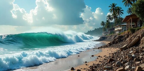Devastating Tsunami Wave Obliterates Coastal City, Leaving Trail of Destruction and Debris.  Powerful Image of Natures Unbridled Fury.