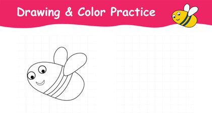 Bee drawing and color practice. trace and color design. vector bee outline with grid lines for draw the shape and coloring
