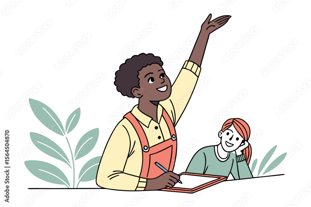 Poster enthusiastic student raises hand to answer question in classroom setting while another student liste