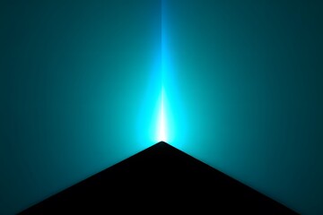 A stark black geometric form, resembling a pyramid's peak, is illuminated by a powerful, narrow beam of vibrant blue light. The light expands upwards against a teal background.