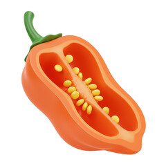 A vibrant, cross-section illustration of a bright orange chili pepper, showcasing its interior.