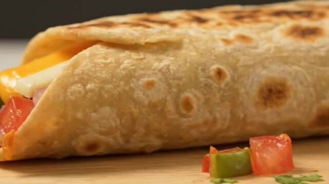 Delicious Burrito Close-Up: Fresh Ingredients, Cheesy Filling, and Tasty Wrap slow moving b roll footage, slow moving food vidoes