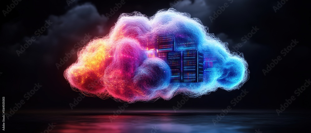 Poster vibrant cloud of colorful data streaming with digital server elements illuminated in dark background