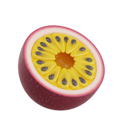 A close-up view of a half-cut passion fruit, showing its internal structure.