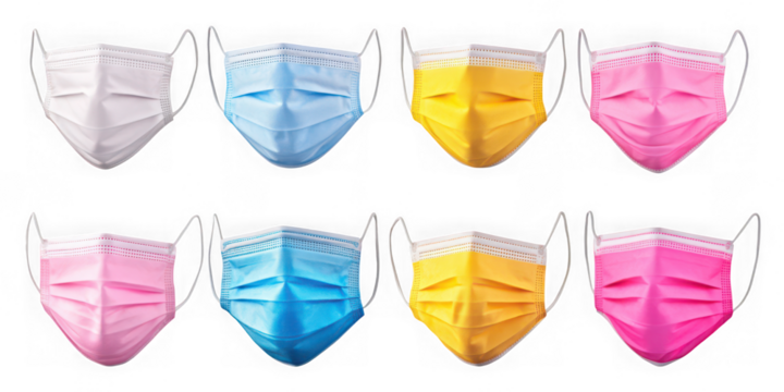 Collection of colorful medical face masks isolated on transparent background