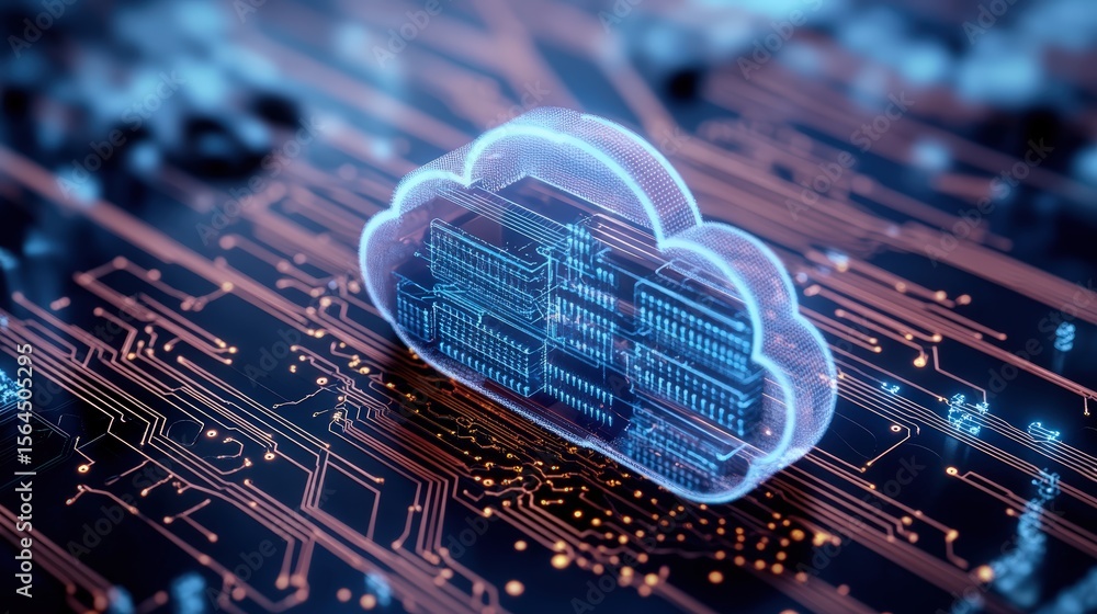 Poster cloud computing technology with digital cloud graphic and server data transfer over circuit board ba
