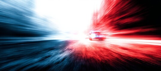 Police car on action at road with re blue burst lights effect. Generative AI technology. 