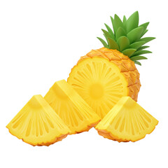 A sliced pineapple with three wedges, showcasing its juicy, golden flesh.