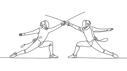 Two fencers in protective gear engaged in a duel with swords