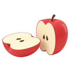 A red apple cut in half, revealing the seeds and inner flesh, isolated on a white background.