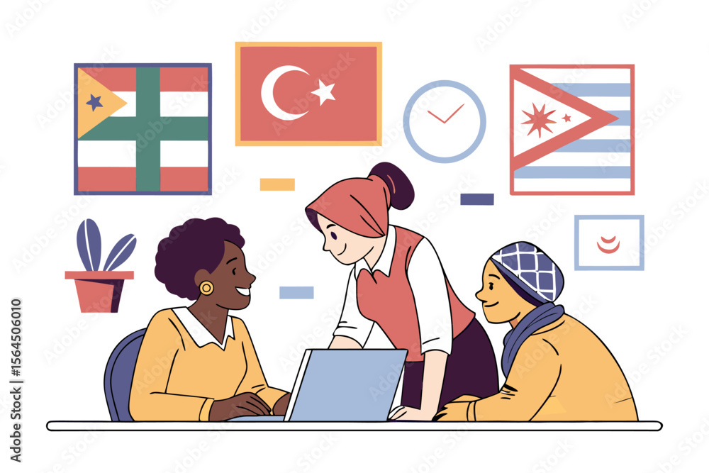 Poster diverse team collaborating on a project around a laptop with national flags and office elements symb