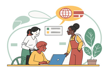 Diverse team collaborating on a project with one member in a wheelchair discussing global ideas and data on a laptop