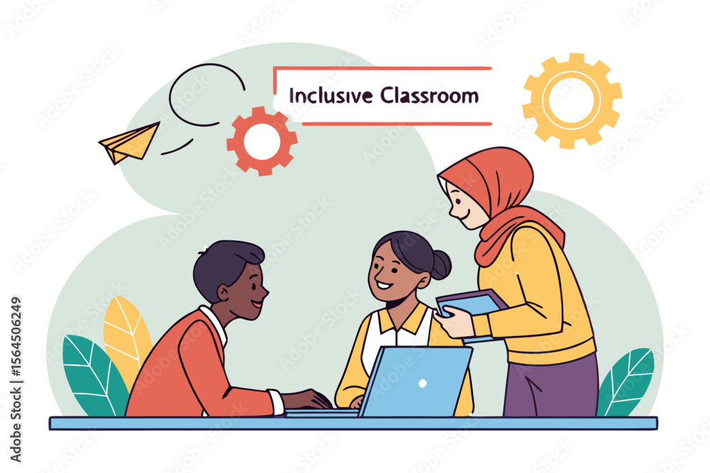 Poster diverse students collaborate on a laptop in an inclusive classroom setting symbolizing teamwork and 