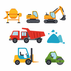 Construction vehicles and equipment icons: mixer, bulldozer, excavator, dump truck, forklift, roller, and sand pile.