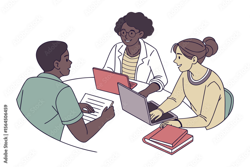 Poster diverse group of three people collaborating around a table with laptops and books engaged in a produ