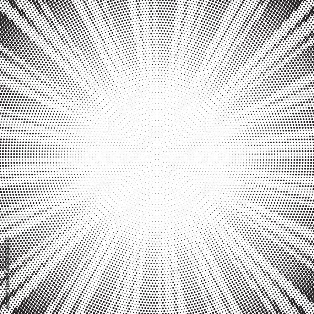 Poster Halftone gradient sun rays pattern. Abstract halftone vector dots background. monochrome dots pattern. Vector background in comic book style with sunburst rays and halftone. Retro pop art design.