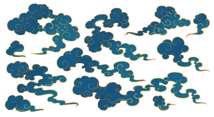 もくもく和風雲イラスト濃青