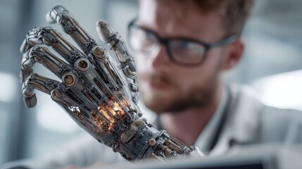 Advanced robotic hand inspection by a futuristic engineer close up view