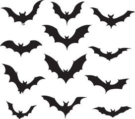 Flying Bat Silhouette Icon Set for Halloween and Gothic Design