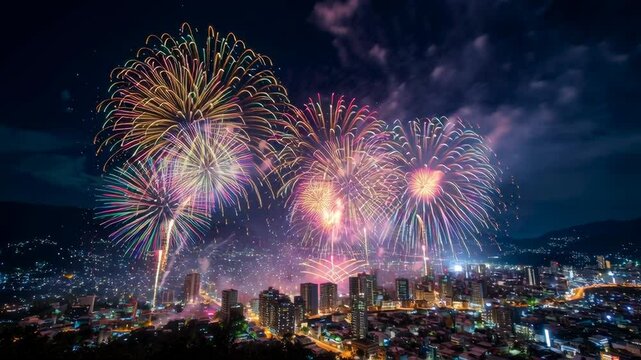 Fireworks are bright over the city