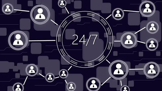 Businessman presses hand button 24 hours service online network icon ,communication network Business people social network and business connections