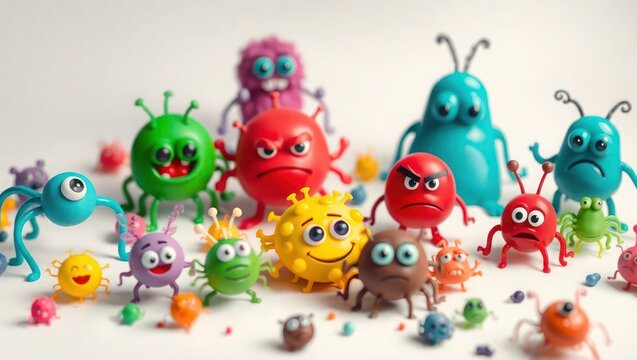 A collection of colorful, cartoon-like microbe characters with various expressions, showcasing a range of emotions and designs.